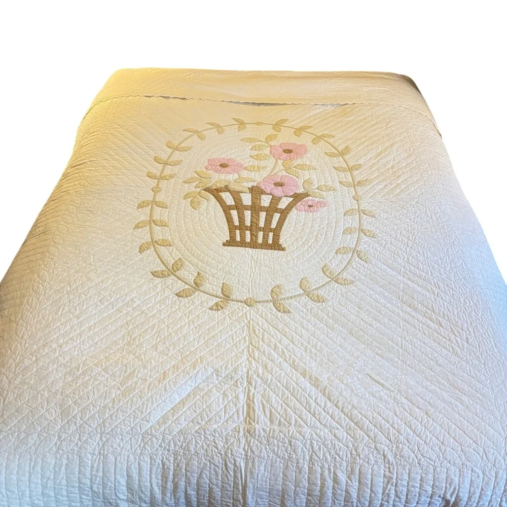 Quilt‎ King Bedspread Floral Flower Basket motif handmade cottage farmhouse